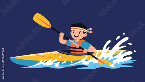 Adventurous boy wearing a life jacket and headband paddles a yellow kayak through splashing waves in a dark setting.