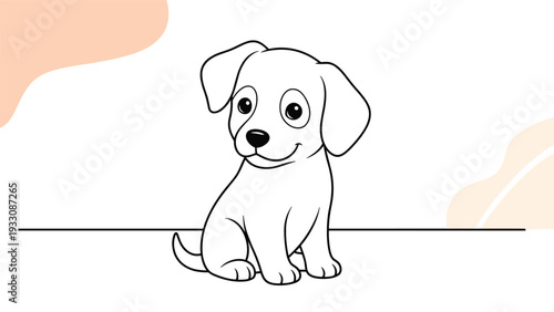 Cute black and white line art of a small puppy sitting down and looking forward with curious and friendly eyes.