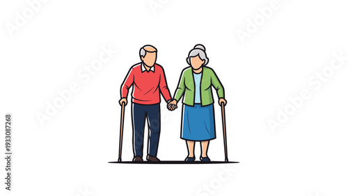 Elderly man and woman in colorful clothing walk together while holding hands and using canes for additional support.