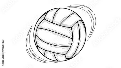 Detailed hand drawn sketch of a volleyball in motion with action lines representing rotation and speed on a white background.