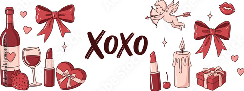Valentine's Day romance elements set illustration. Hand-drawn collection of love icons including wine, gifts, and Cupid vector illustration.