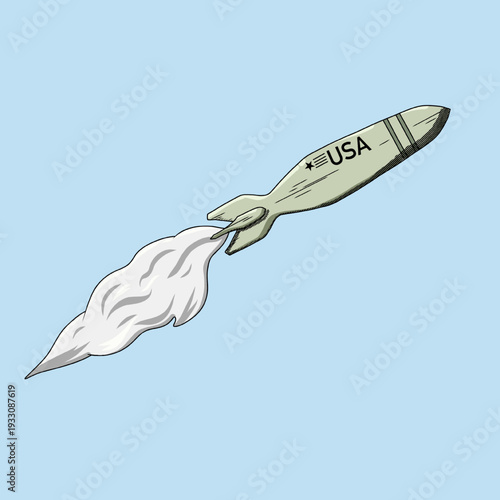 A minimalist illustration of a USA-labeled rocket launching upward with a long white smoke trail against a soft blue background.