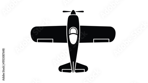 Simple black silhouette showing the top down view of a light propeller airplane isolated on a white background.