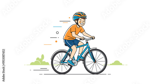 Happy young boy wearing a helmet riding his blue bicycle quickly along a path through a park or green landscape.