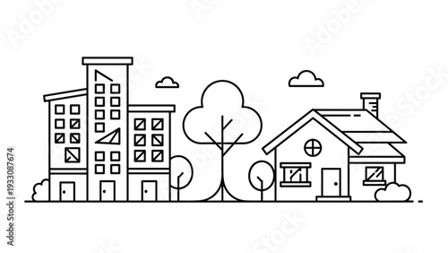 Simple black and white line art illustration of a city street featuring apartment buildings, houses, and trees in a row.