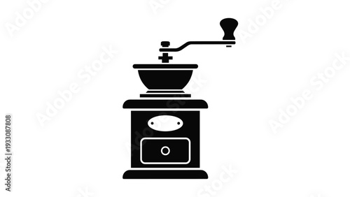 Traditional manual coffee grinder silhouette in black showing the crank handle and the storage drawer for ground beans.
