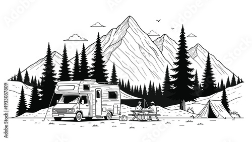 Detailed black and white landscape of people camping with a camper van and a tent in front of high mountains and pine trees.