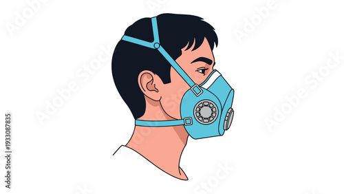 Side profile view of a man wearing a blue professional respirator mask for safety and protection from airborne particles.
