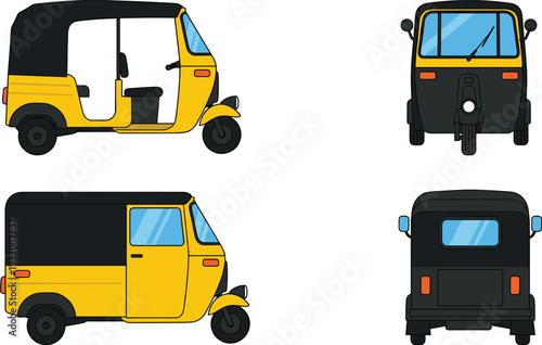 Auto rickshaw tuk tuk vehicle illustration showing side, front and rear views of urban public transportation three wheeler design