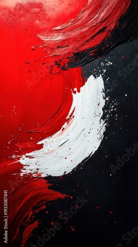 Abstract paint strokes swirl in red, white, and black, creating dynamic movement and texture