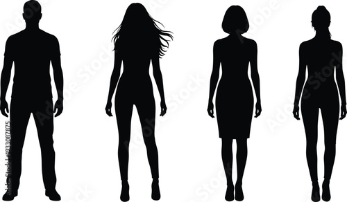 Row of diverse human silhouettes representing male and female figures with varied hairstyles, clothing styles, and postures, symbolizing fashion, individuality, diversity