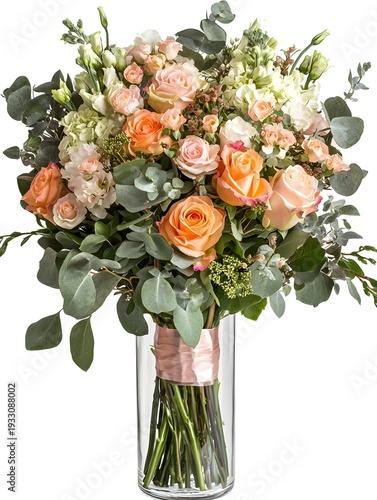 Photo of a beautiful flower bouquet arranged in a glass vase with greenery
