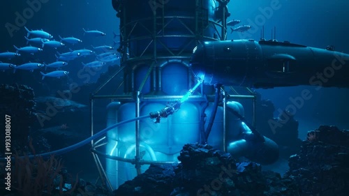Underwater scene with scuba diver exploring metal cage structure surrounded by school of fish near large pipe