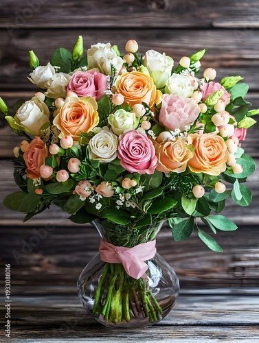 Photo of a beautiful flower bouquet arranged in a glass vase with greenery