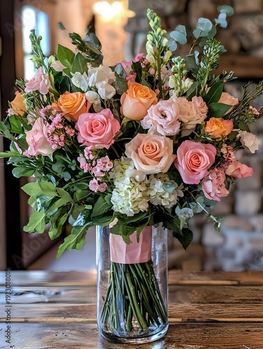 Photo of a beautiful flower bouquet arranged in a glass vase with greenery