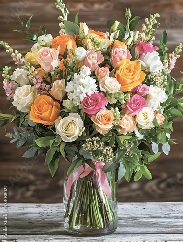 Photo of a beautiful flower bouquet arranged in a glass vase with greenery