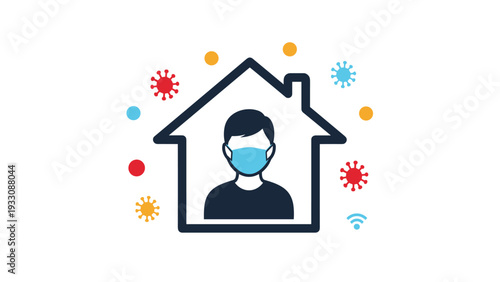 Icon showing a person wearing a mask inside a house surrounded by virus symbols to represent staying home and safety.