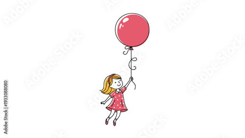 Small young girl in a red dress floating high in the air while holding the string of a large red helium balloon.