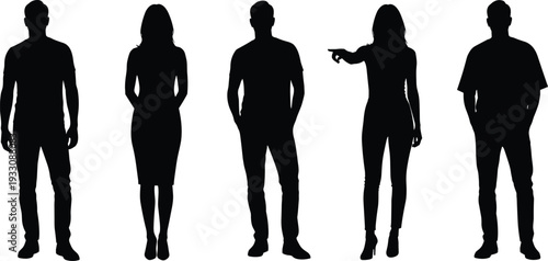 Row of male and female silhouettes with one figure pointing, symbolizing direction, decision-making, social interaction, individuality, teamwork, and human representation concept on white background