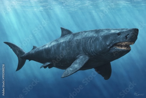 Ilustração de um tubarão megalodonte gigante nadando nas profundezas do oceano azul com raios de sol filtrando através da superfície da água marinha.