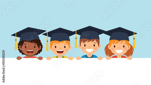 Row of four happy children of different ethnicities wearing graduation caps and peeking over a white banner.
