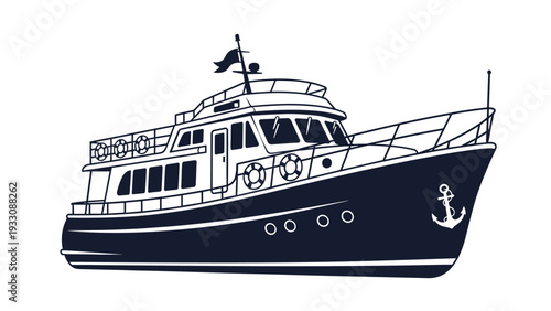 Detailed black silhouette of a luxury motor yacht or ship on a white background showing various decks and an anchor.