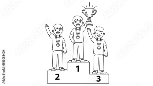 Three happy boys on a winner's podium with medals and the first place champion lifting a silver trophy high.