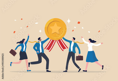 Team achievement, high quality employees, teamwork to help success together, best quality service reward, high performance staffs concept, business people celebrate high quality badge achieve.