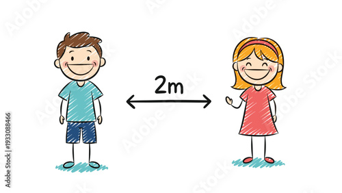 Illustration of a boy and a girl standing two meters apart to show social distancing rules for health and safety.