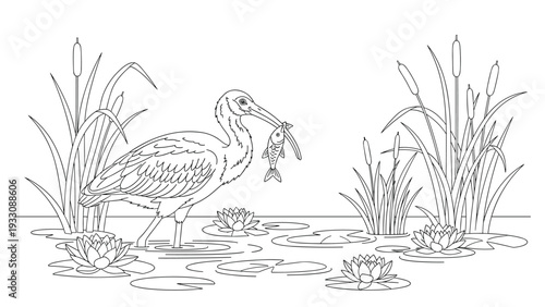Coloring book illustration featuring a graceful heron standing in a pond with water lilies while catching a small fish.