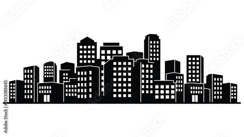 Detailed black silhouette of a modern city skyline with various skyscrapers and urban buildings against a plain background.
