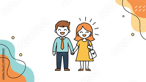 Happy young couple holding hands while smiling together in a colorful cartoon illustration with abstract shapes and patterns.