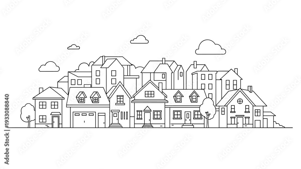 Fototapeta premium Minimalist line art drawing of a suburban neighborhood showing various types of houses and residential buildings in a row.