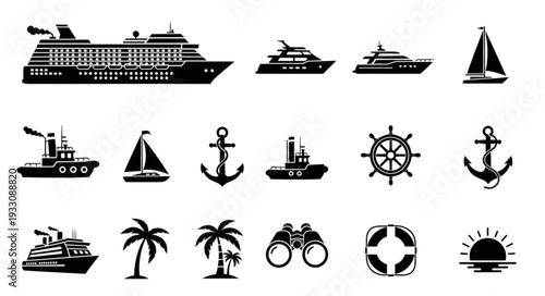 Collection of various maritime transportation and nautical themed icons in black and white.