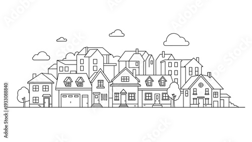 Minimalist line art drawing of a suburban neighborhood showing various types of houses and residential buildings in a row.
