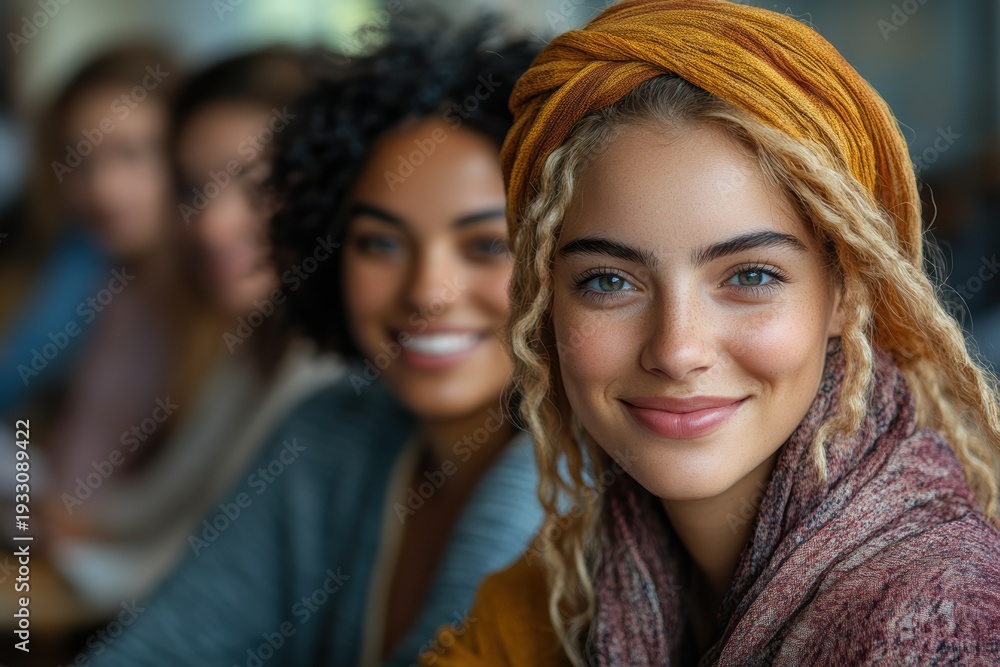 Fototapeta premium Multicultural coworkers smile together in office setting during team meeting