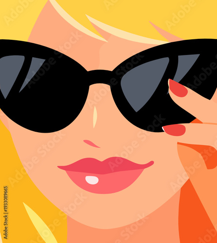 Flat beauty fashion portrait of a stylish woman in black sunglasses adjusting frames. Summer makeup illustration with blond hair, red lips, and trendy accessories.
