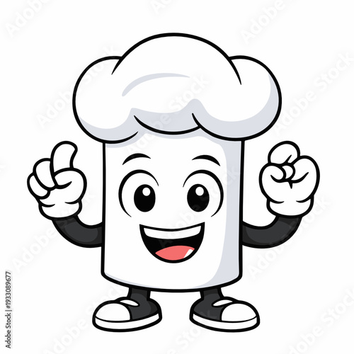 Friendly chef cartoon mascot wearing a white toque hat, waving and raising a finger, culinary character icon isolated on white. Concept of restaurant service, cooking class, and quality.