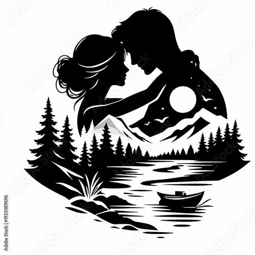 Romantic couple embracing in a black silhouette with moonlit mountains, stars, forest, river reflections and a small boat, double exposure illustration for love and night vibes.