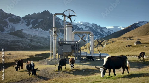Cows grazing near industrial wind turbine in mountainous landscape with snowy peaks