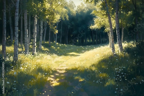 A soft grassy meadow leading into a dense birch forest, filled with sunlight and shadow play 