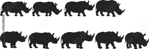 Rhinoceros silhouette illustration featuring multiple poses and stances, ideal for wildlife design, animal concepts, nature themes, conservation projects, and educational resources 