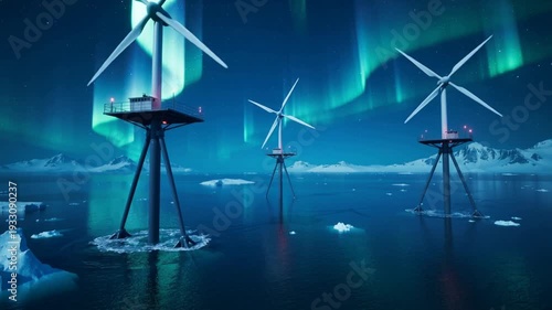 Offshore wind turbines stand in icy waters under the aurora boreae
