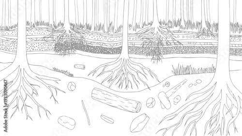 Cross section of forest soil layers with tree roots grass and debris