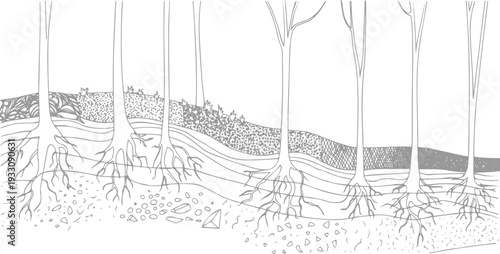 Cross section of trees showing root systems and soil layers with varied textures roots