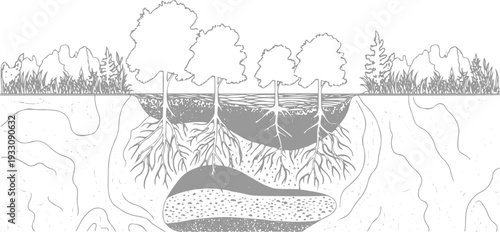 Cross section of trees showing root systems and soil layers with surrounding vegetation and distant hills