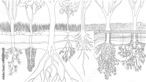 Cross section of trees showing root systems and soil layers with grass and rocks roots