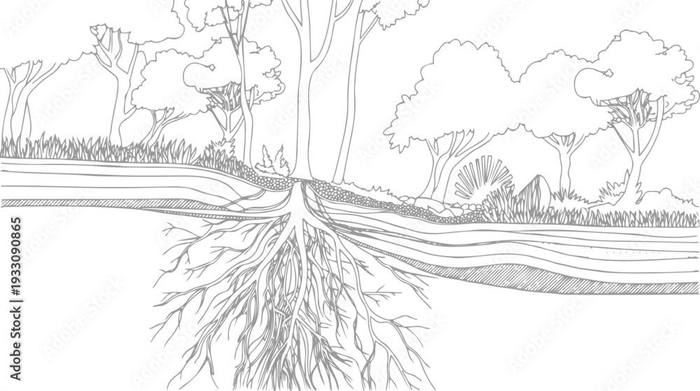 Fototapeta premium Cross section of trees showing extensive root systems and layered soil strata with grass and foliage above