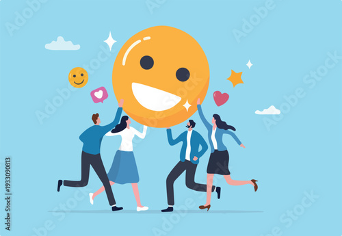 Employee satisfaction, workplace happiness or success team motivation, employee engagement or participation, feedback or company survey rating concept, business people employee with smile hap