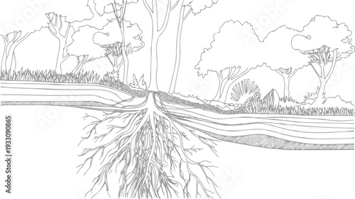 Cross section of trees showing extensive root systems and layered soil strata with grass and foliage above
